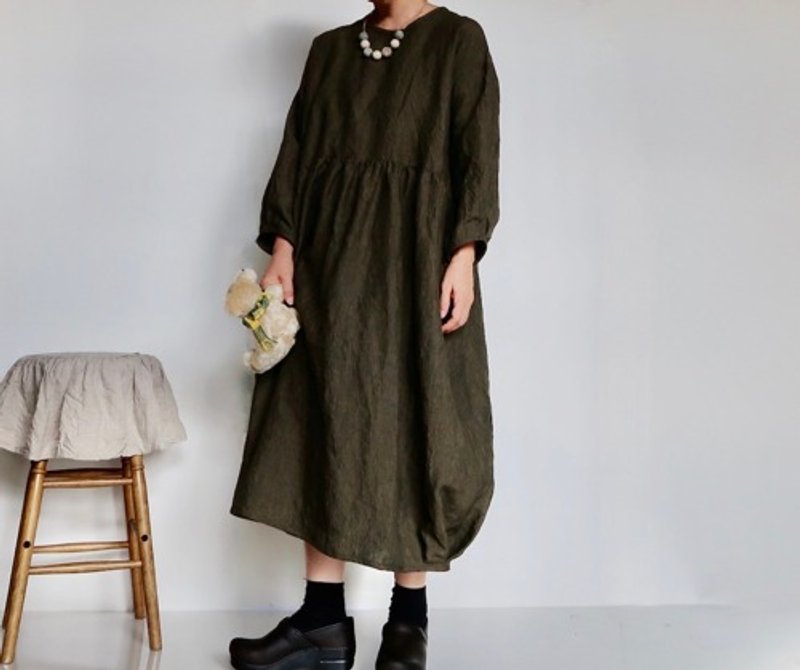 Sun-dried dark green Japanese Linen washer with a cocoon design dress - One Piece Dresses - Cotton & Hemp 