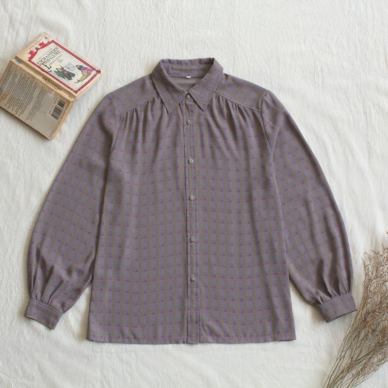 紫灰格古著長袖襯衫 - 恤衫 - 聚酯纖維 