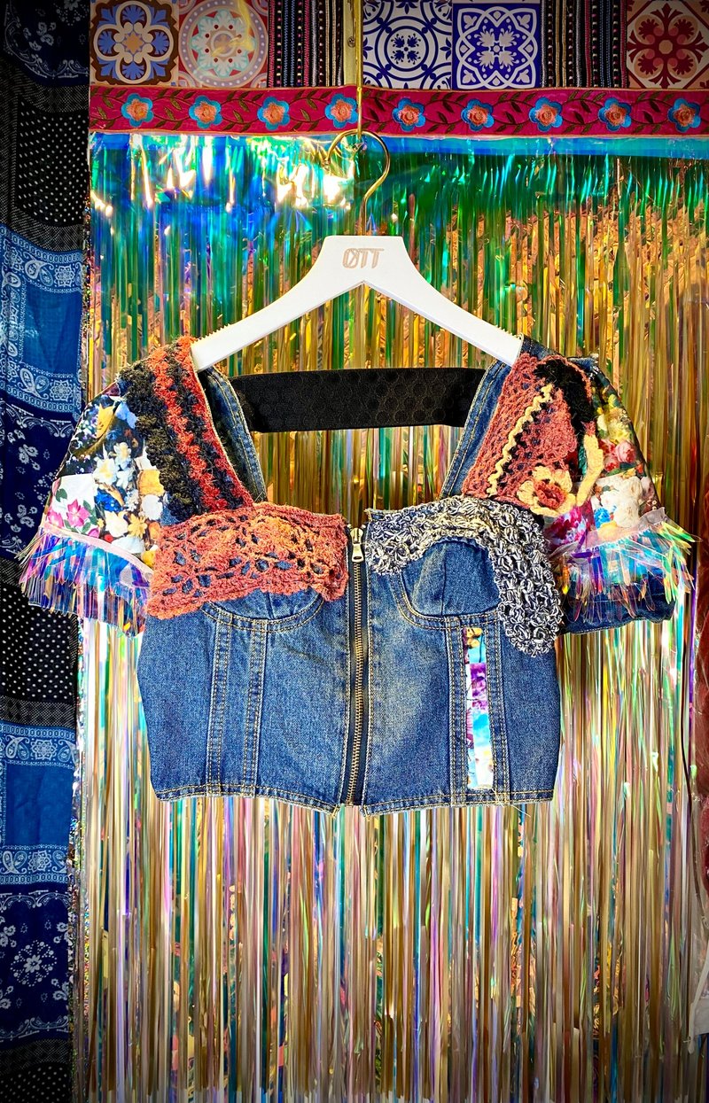 OTT獨一無二•Unique日系夢幻彩虹手抅牛仔開胸上衣Rainbow Denim - 女大衣/外套 - 棉．麻 多色