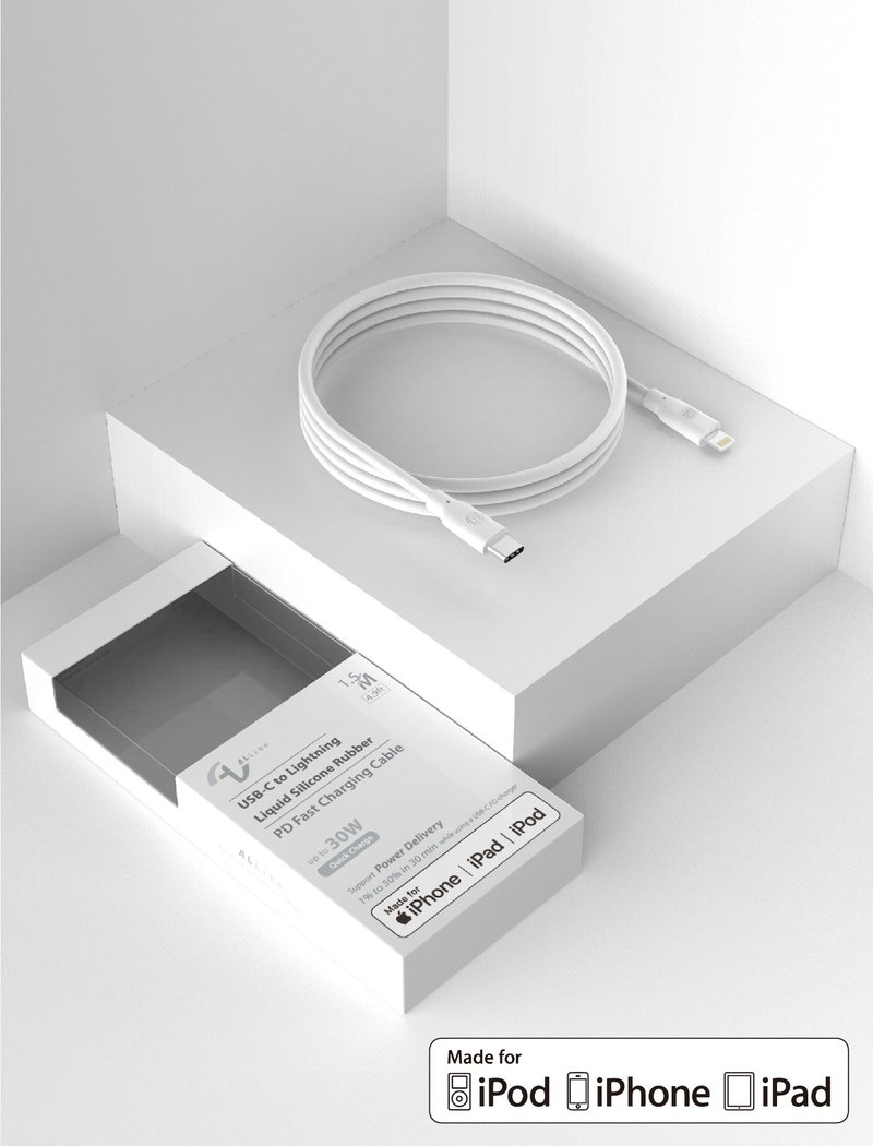 Allite 1.5 M 液態矽膠充電線 /經典白/ (USB-C to Lightning) - 無線充電盤/板/座 - 其他材質 白色