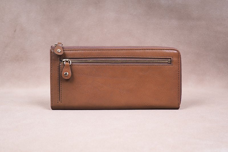 Italian Vegetable Genuine Leather Lady Long Wallet Zipper Wallet Purse Brown - Wallets - Genuine Leather Brown