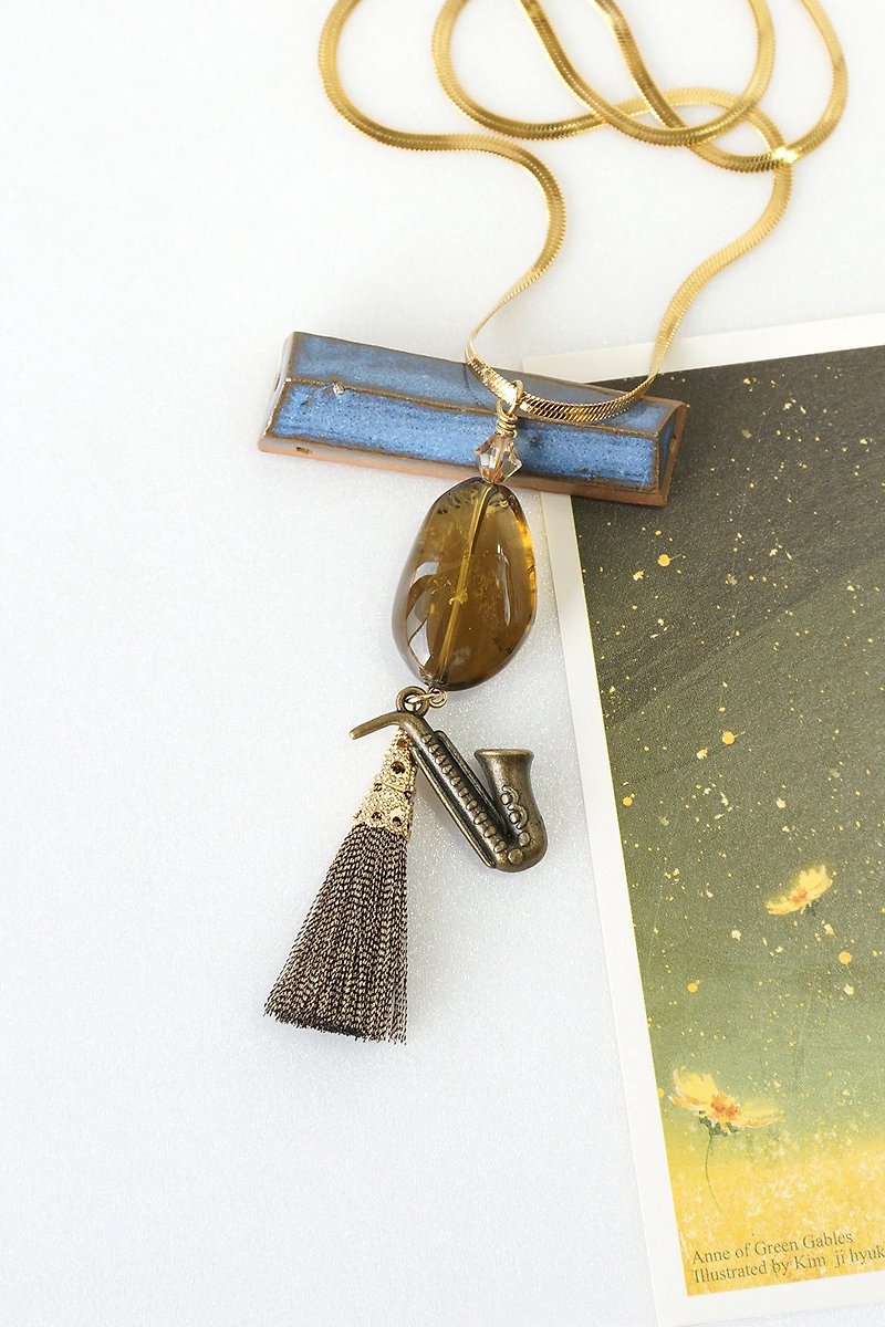 Saxophone Necklace with Whisky Quartz Gemstone and Tassel - Necklaces - Crystal Brown