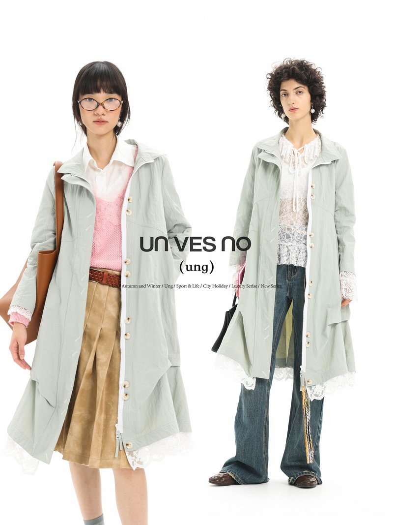 【Lace Trim】Unvesno(UN) Ung French Micro-Pleated, Quick-Dry, Water-Repellent Long Trench Coat - เสื้อสูท/เสื้อคลุมยาว - วัสดุอื่นๆ 