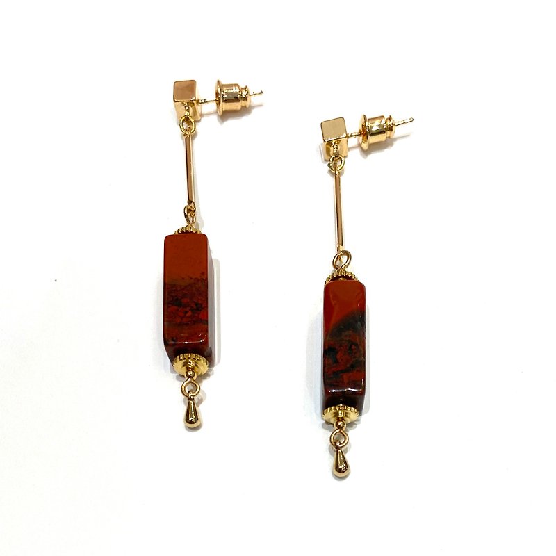Natural Breciated Jasper stone earrings, sensitive prevention stud - Earrings & Clip-ons - Semi-Precious Stones Gold