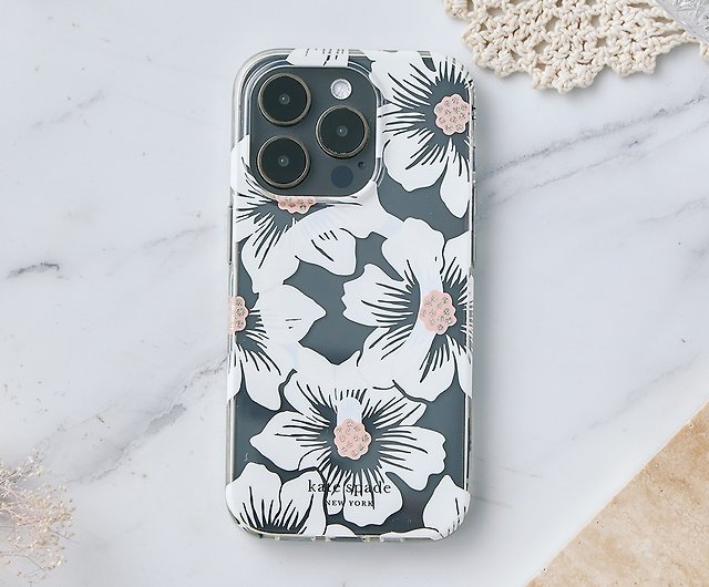 Kate Spade New York Apple iPhone 15 Plus/iPhone 14 Plus Protective Case  with MagSafe - Black & White Floral with Gems