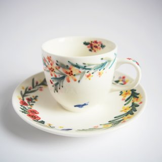 Hand-painted coffee cup set, colorful wreath and little blue bird (spot), exchange gifts, fast delivery