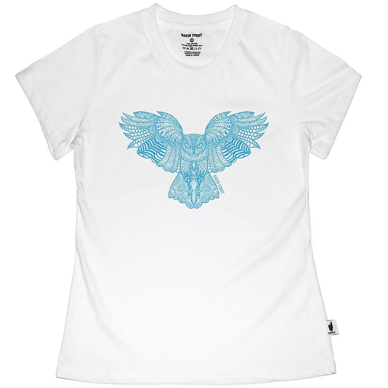 British Fashion Brand [Baker Street] Zentangle Owl  Printed T-shirt - เสื้อยืดผู้หญิง - ผ้าฝ้าย/ผ้าลินิน ขาว