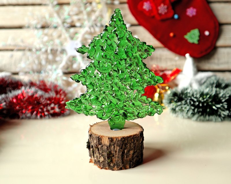 Glass Christmas trees on a wooden stand, table decoration, New Year's gift - Other - Glass Green