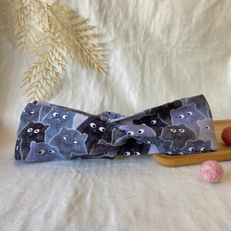 髮帶/交叉髮帶/滿版黑貓 - 頭箍/髮帶/髮圈 - 棉．麻 黑色