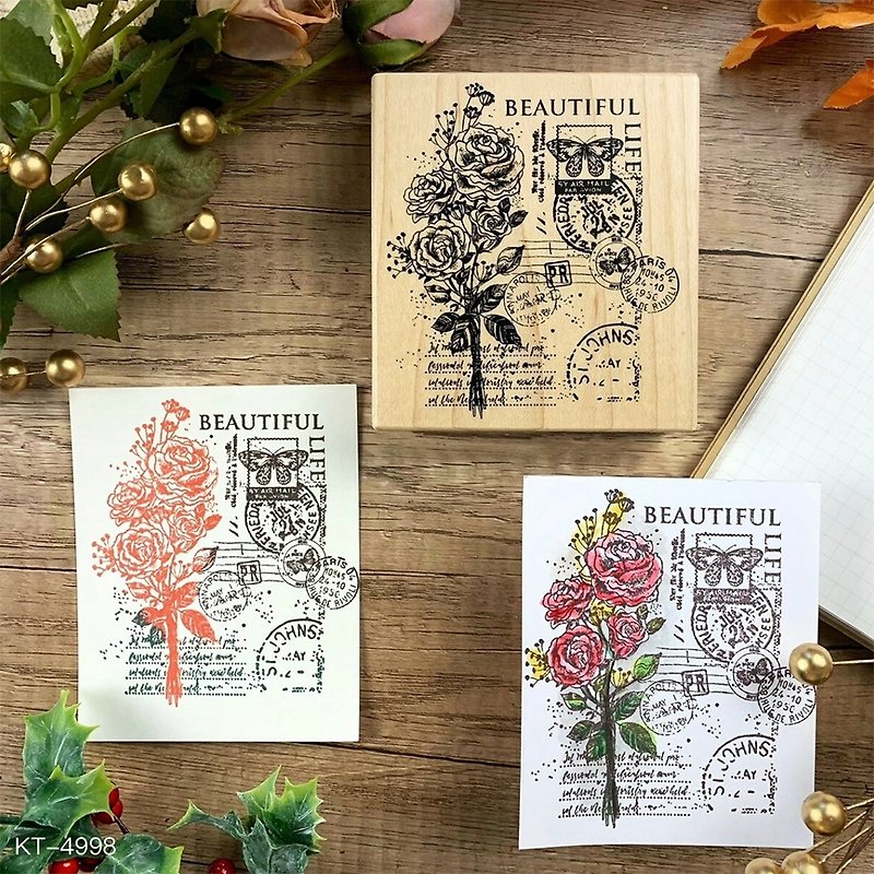 Maple Wood Stamp-Rose Bouquet with Postmark KT-4998 - ตราปั๊ม/สแตมป์/หมึก - ไม้ 