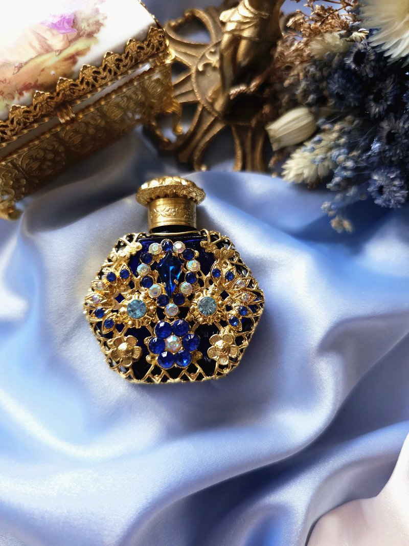 捷克工藝寶藍玻璃金絲掐紋萊茵香水瓶/美國西洋古董飾品 - 其他 - 其他材質 