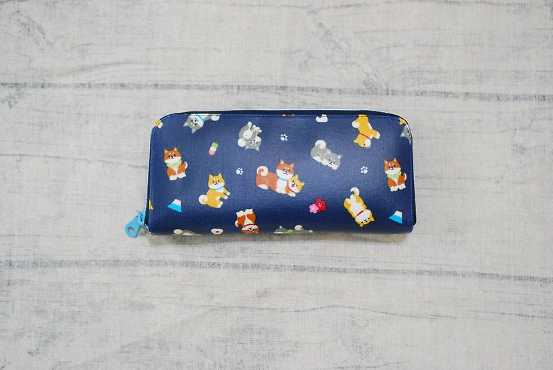 玩布手作。2017日本柴犬家族(藍) 防水布 長夾 皮夾 錢包 - 銀包 - 防水材質 藍色
