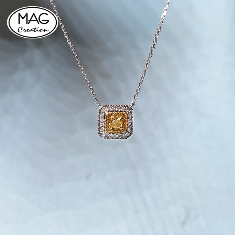 Yellow Diamond Series | 18K White Gold Diamond Halo Pendant Necklace - สร้อยคอ - เครื่องประดับ 