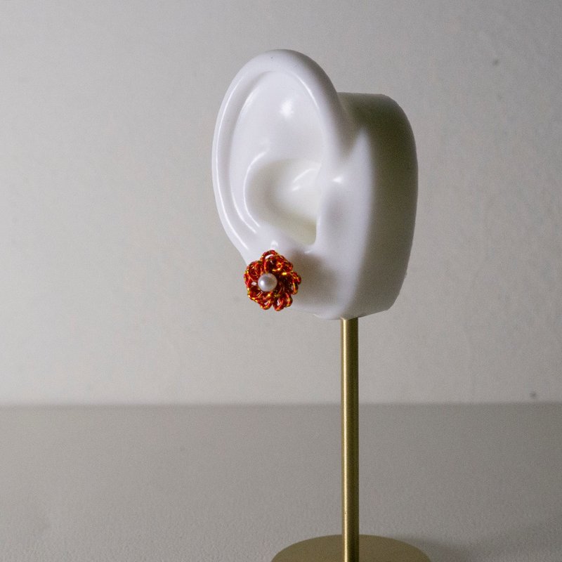 【Veverka】Flower Volume NO.05-water-drawn earrings woven with water-drawn marquetry flowers - Earrings & Clip-ons - Paper Red