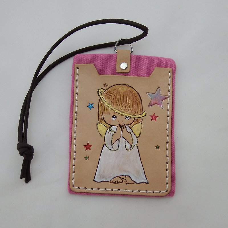 Vegetable tanned leather double-layer card holder ID holder prayer angel 2 - ID & Badge Holders - Genuine Leather Pink