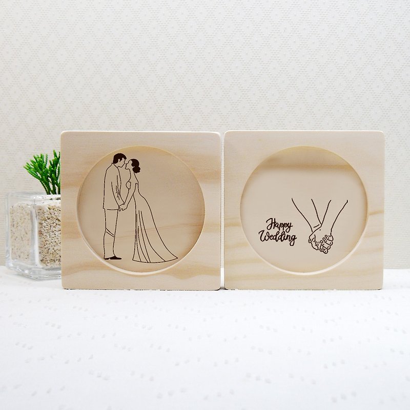 Hand in hand, happy start, wedding gift coaster, engraved with custom exclusive pattern, new couple's name - Wood, Bamboo & Paper - Wood Brown