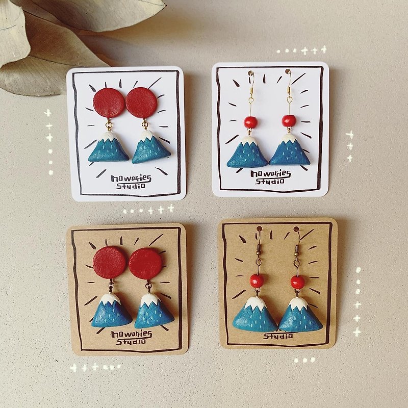 Hand-made Mount Fuji Series Earrings-Classic Red and Blue Ear Pins/ Clip-On/Ear Hooks - Earrings & Clip-ons - Clay Red