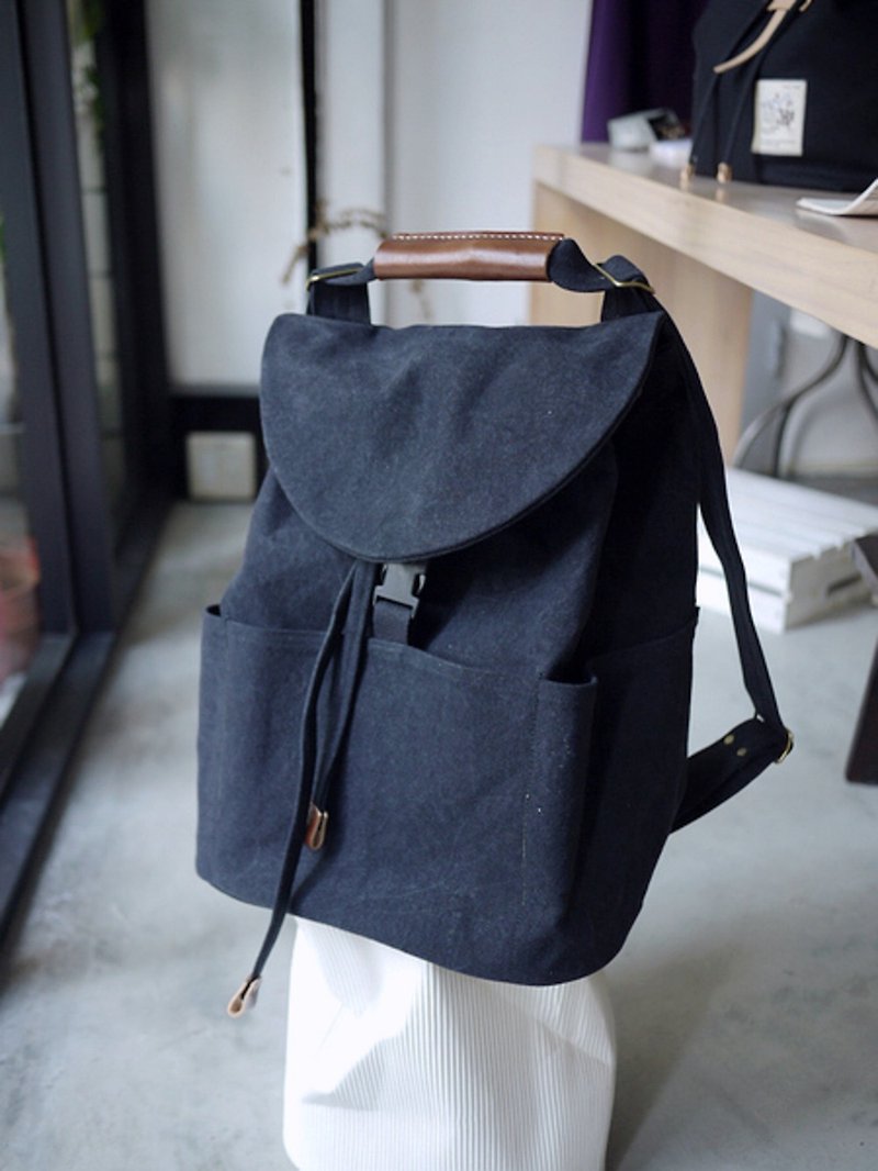 Washed paraffin canvas three-use backpack - black - Backpacks - Cotton & Hemp Black
