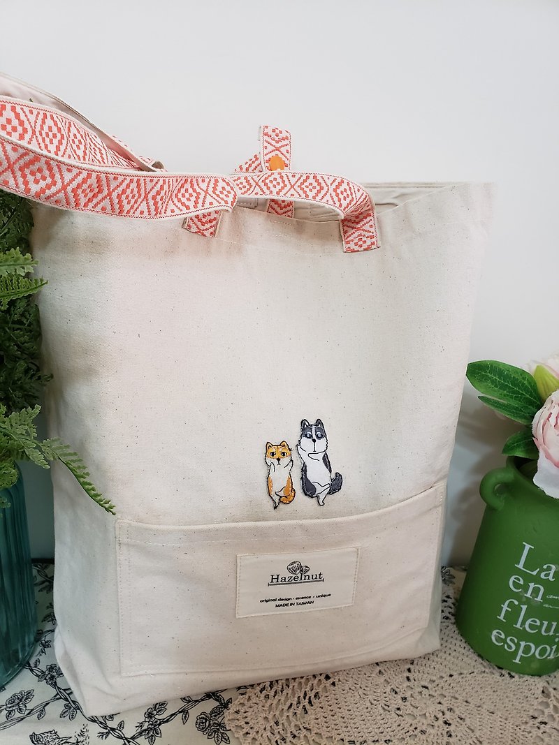 Featured simple super cute dog embroidered figure bag / handbag / shoulder bag / handmade - Messenger Bags & Sling Bags - Cotton & Hemp White