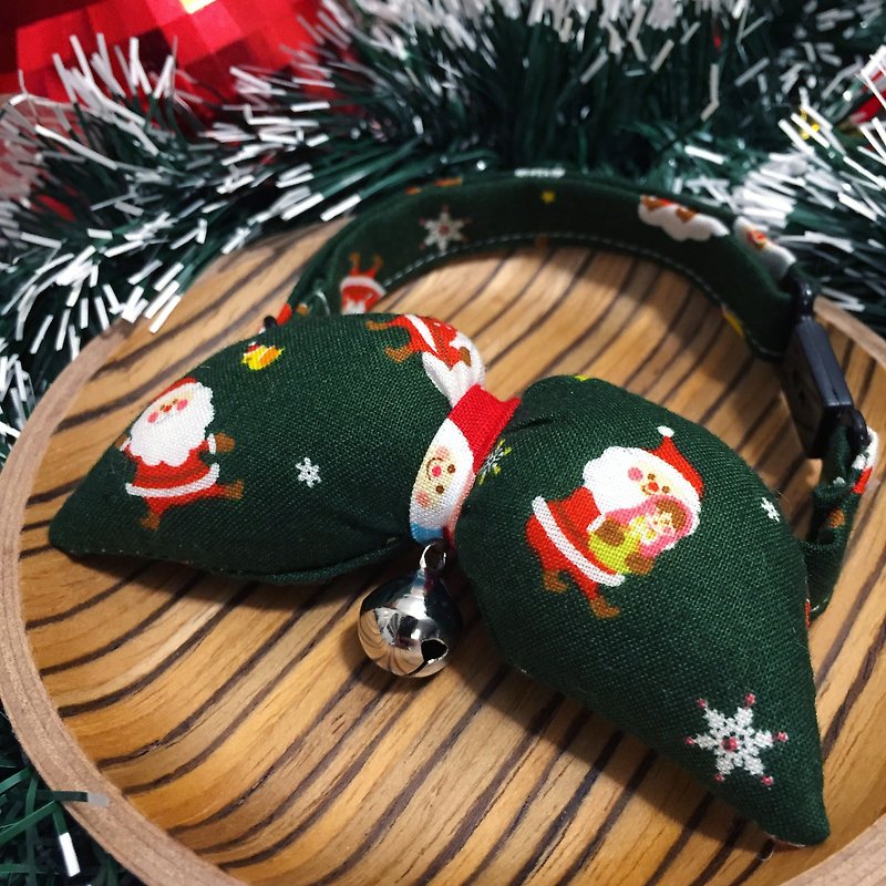 クリスマス限定 グリーンサンタクロース ボウカラー スノーフレーク カスタマイズ クリスマスプレゼント - 首輪・リード - コットン・麻 多色