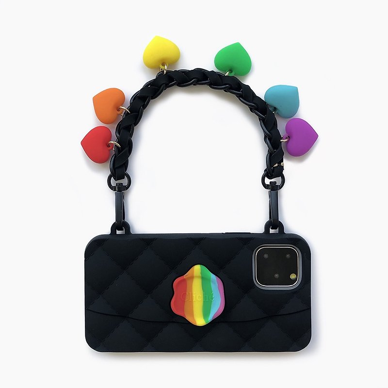 11 Pro - Traditional Seal Stamped Case with Rainbow Color Heart Celebrity Strap - Phone Cases - Silicone Black