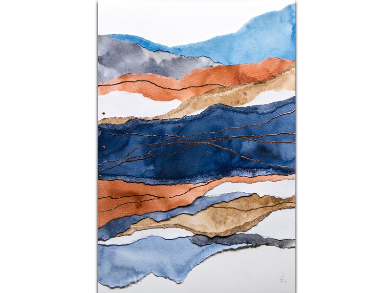 Abstract Landscape Painting Original Art Mixed-Media Artwork Collage Technique - 海報/掛畫/掛布 - 紙 藍色