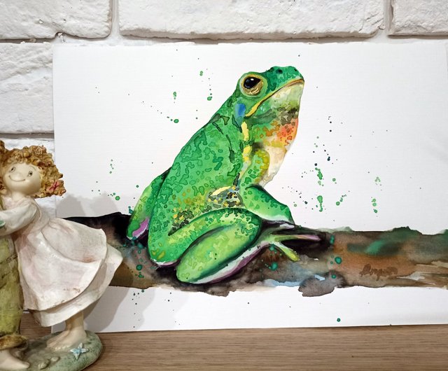 水彩画オリジナル緑のカエル動物の部屋の装飾絵画アートアン