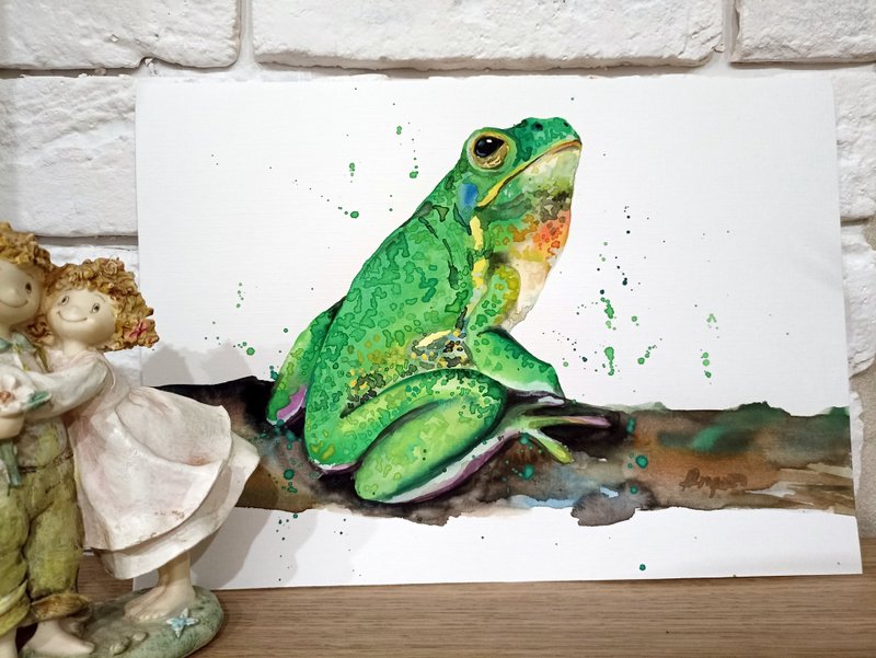 Watercolor original the green frog animal room decor painting art Anne Gorywine - 壁貼/牆壁裝飾 - 紙 白色