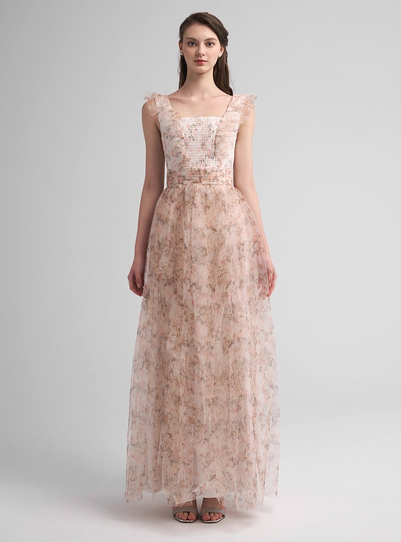 Coloris秋日印花網紗長洋裝 - 洋裝/連身裙 - 其他人造纖維 