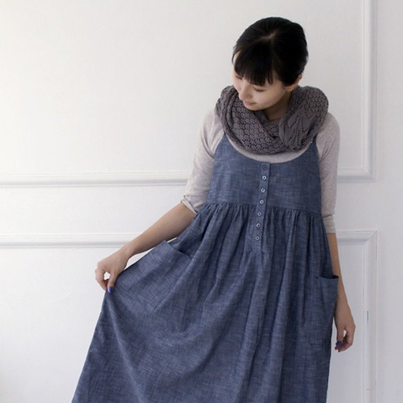 SALE30% OFF [armoire *] cotton chambray shell button camisole dress [gnm-28] - ชุดเดรส - ผ้าฝ้าย/ผ้าลินิน สีน้ำเงิน