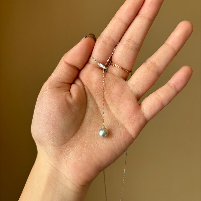 Natural Grey Miyako-dama Akoya Saltwater Pearl, S925 Y-Chain, Adjustable Necklace, Near Flawless - Necklaces - Pearl White