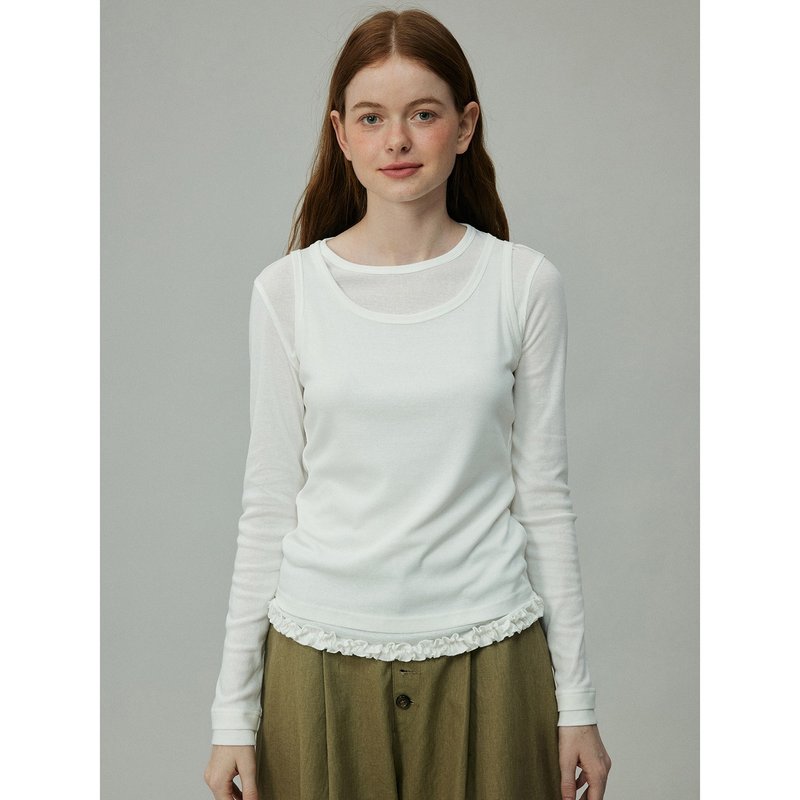 oddmaker faux two piece layered ruffled long-sleeved T-shirt for women with raglan sleeves solid color bottoming top - เสื้อยืดผู้หญิง - ผ้าฝ้าย/ผ้าลินิน 