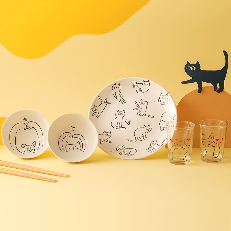 [Li Jinlun 共同慈善プロジェクト] 猫と犬のラウンドディナープレート 2 層ギフトボックスセット - 茶碗・ボウル - 磁器 多色