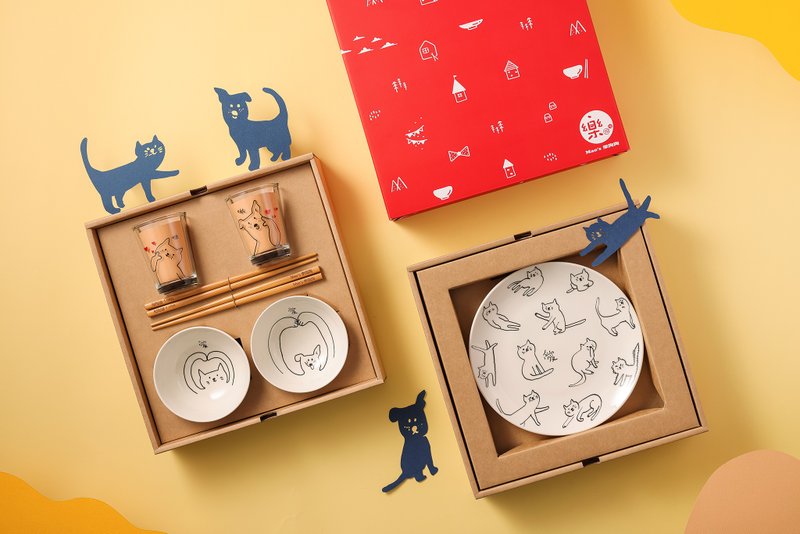 [Li Jinlun Joint Charity Project] Cats and Dogs Round Dinner Plate Double Layer Gift Box Set - Bowls - Porcelain Multicolor