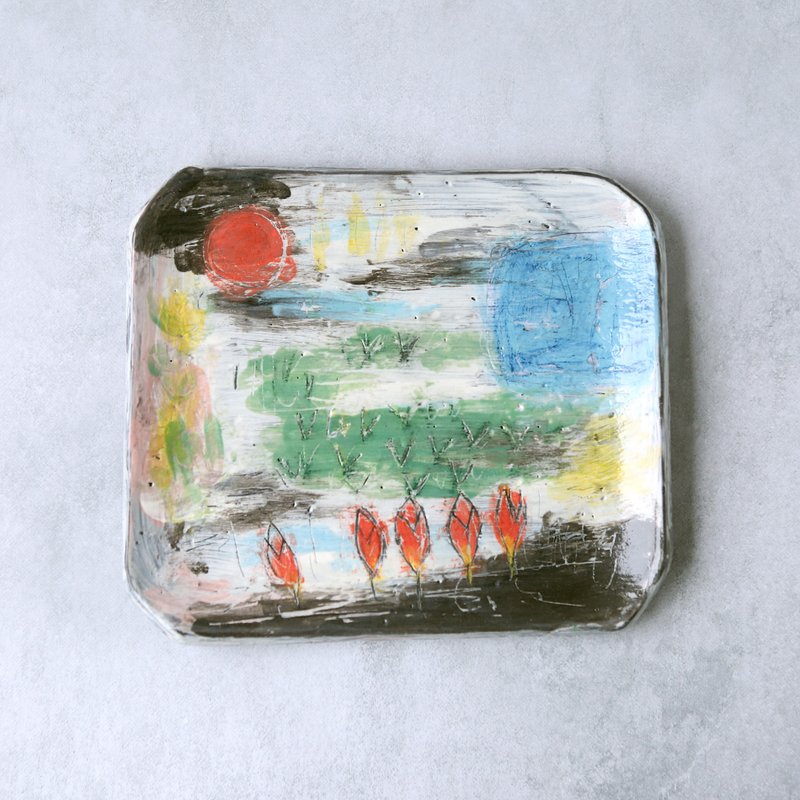 Painting-style early morning lotus pond - rectangular plate - Plates & Trays - Pottery Multicolor