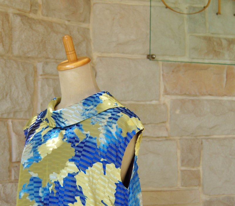 南国の熱帯魚 亜熱帯の蝶 ロールカラー ロング ワンピース 裏地付き - 連身裙 - 其他材質 藍色