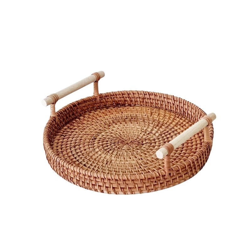 Rattan tray with wooden handle (thick rattan) - 盤子/餐盤/盤架 - 木頭 咖啡色