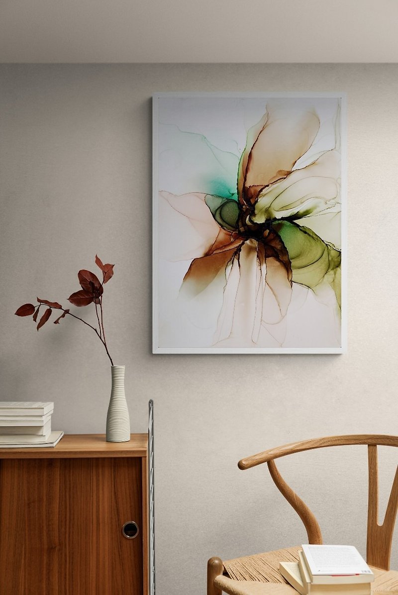 Peony Studio Texture Hanging Painting - Alcohol Ink Reproduction Painting - Green Brown Smudge - โปสเตอร์ - วัสดุอื่นๆ 
