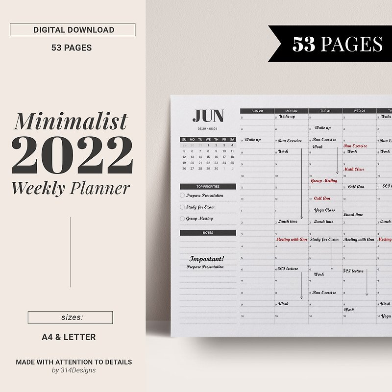 2022 Weekly Planner, Dated Printable Planner, Daily hourly shedule Minimalist - Digital Planner & Materials - Other Materials 