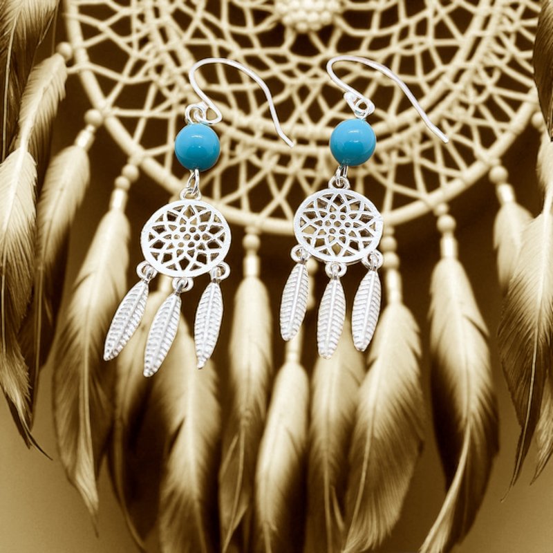 純銀 捕夢器 925 防敏感 粉藍 施華洛珠耳環 - 耳環/耳夾 - 純銀 白色