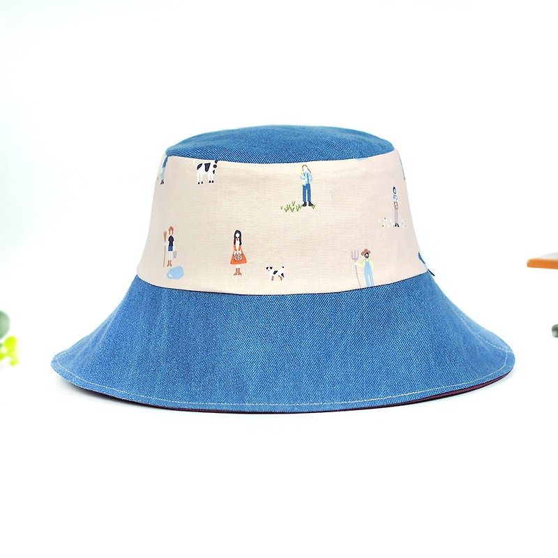 手工雙面帽 遮陽帽 漁夫帽 客製化 可愛 療癒系 母親節禮物【小牛農場】米色【BF-02】 - 帽子 - 棉．麻 卡其色