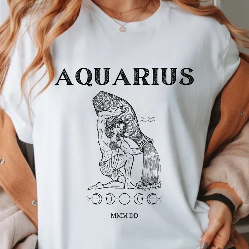 Aquarius customizable birthday horoscope tops unisex short tops - เสื้อยืดผู้หญิง - ผ้าฝ้าย/ผ้าลินิน สีเทา