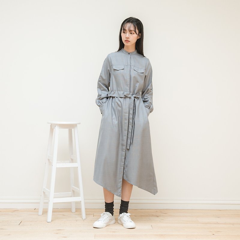 [Classic original] Outstand_Kuangshi asymmetrical dress_CLD505_铁灰格 - ชุดเดรส - ผ้าฝ้าย/ผ้าลินิน สีเทา