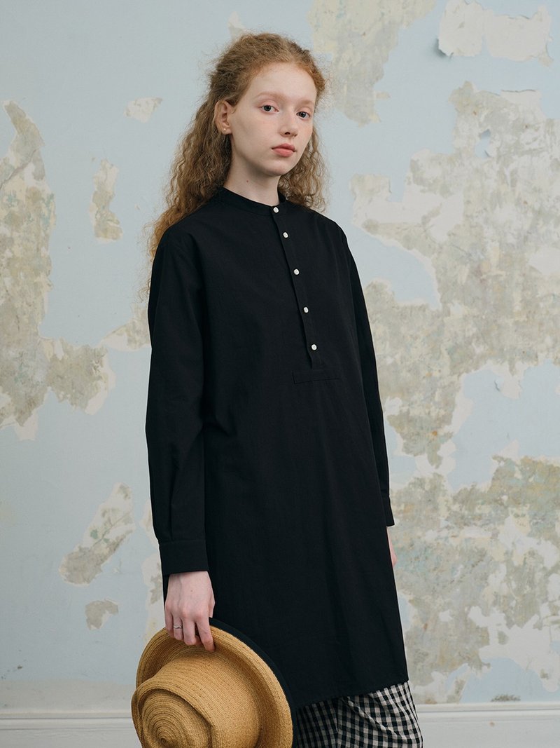 Simple black long cotton loose fit long sleeve shirt - ชุดเดรส - ผ้าฝ้าย/ผ้าลินิน สีดำ