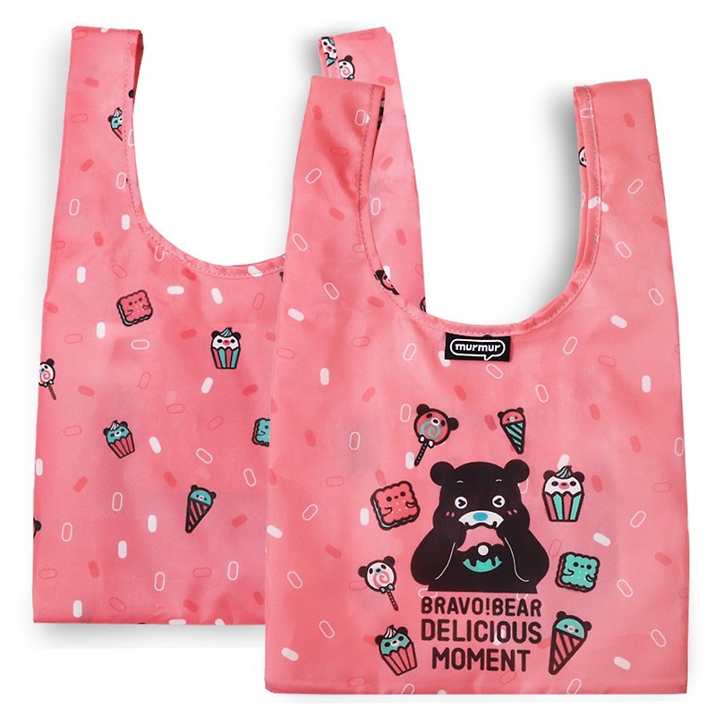 つぶやきの再利用可能なショッピングバッグ-クマの賞賛ブラボーデザート|つぶやき弁当バッグ - トート・ハンドバッグ - プラスチック ピンク
