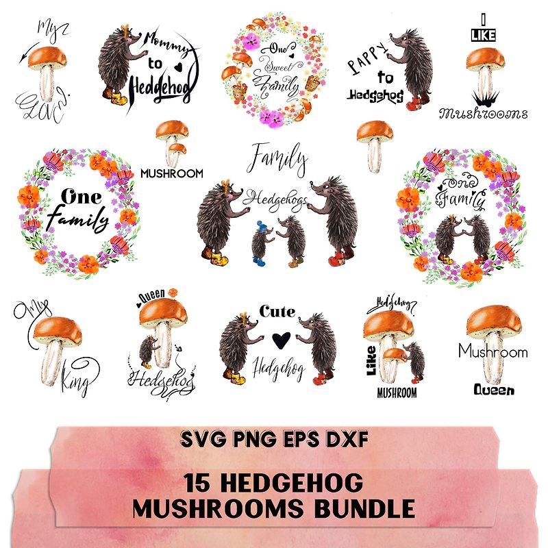 15 hedgehogs ,mushroom bundles SVG, PNG, EPS ,clipart, background. frame, border - Illustration, Painting & Calligraphy - Other Materials 