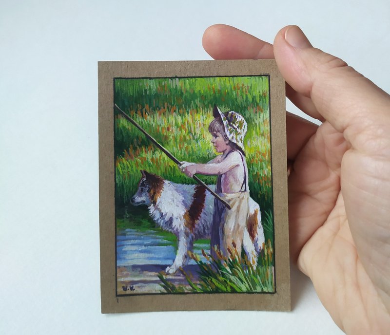 魚人Aceo原創藝術手工小畫 Boy Aceo Original Art Fishman small painting Collectible card - โปสเตอร์ - กระดาษ สีเขียว