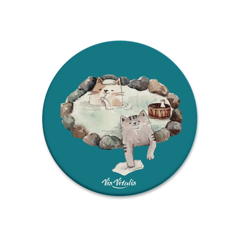 Hot spring cat coaster / illustration round absorbent coaster / gift exchange - Coasters - Other Materials Blue