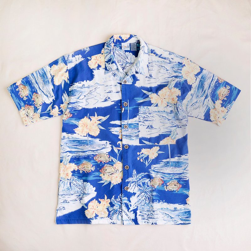 Vintage Hawaiian Shirts Hawaiian shirt - เสื้อเชิ้ตผู้หญิง - ผ้าฝ้าย/ผ้าลินิน สีน้ำเงิน