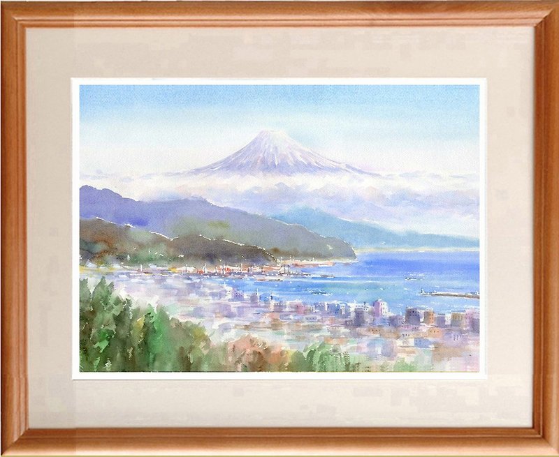 Made to order Watercolor original painting Mt. Fuji distant view - โปสเตอร์ - กระดาษ สีน้ำเงิน